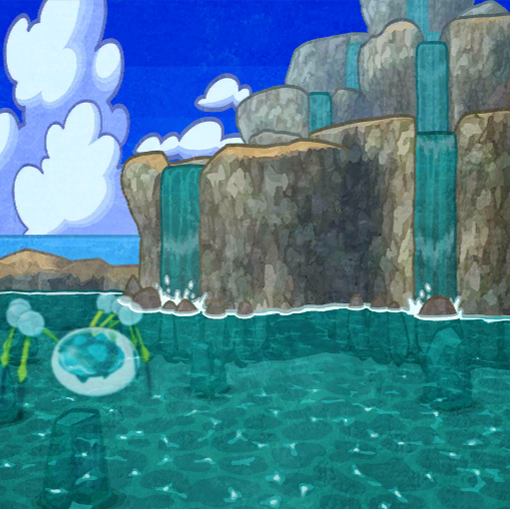 Lana's Mindscape from Pokemon Masters EX (also known as Brooklet Hill). Under the water by a waterfall sits an Araquanid